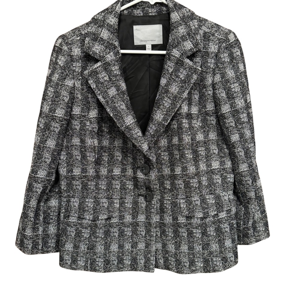 Classiques Entier‎ Plaid Tweed Blazer Jacket Career Wear Gray Black Women's L